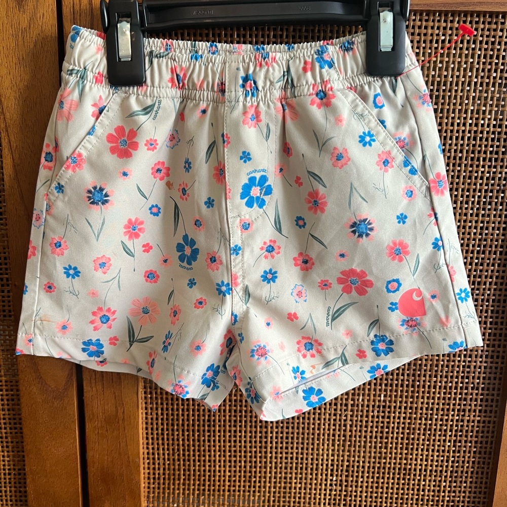 Carhatt Floral Elastic-Waist Shorts - Cream with Pink & Blue Flowers